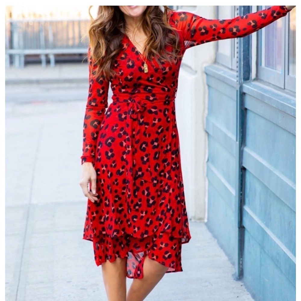 NWT Cabi Siren Wrap Dress Small Savage Skin Red Leopard Sheer MSRP $144 - Picture 2 of 7